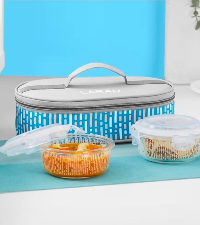 Larah Glassware Vogue Blue Borosilicate Glass Lunch Box with Bag